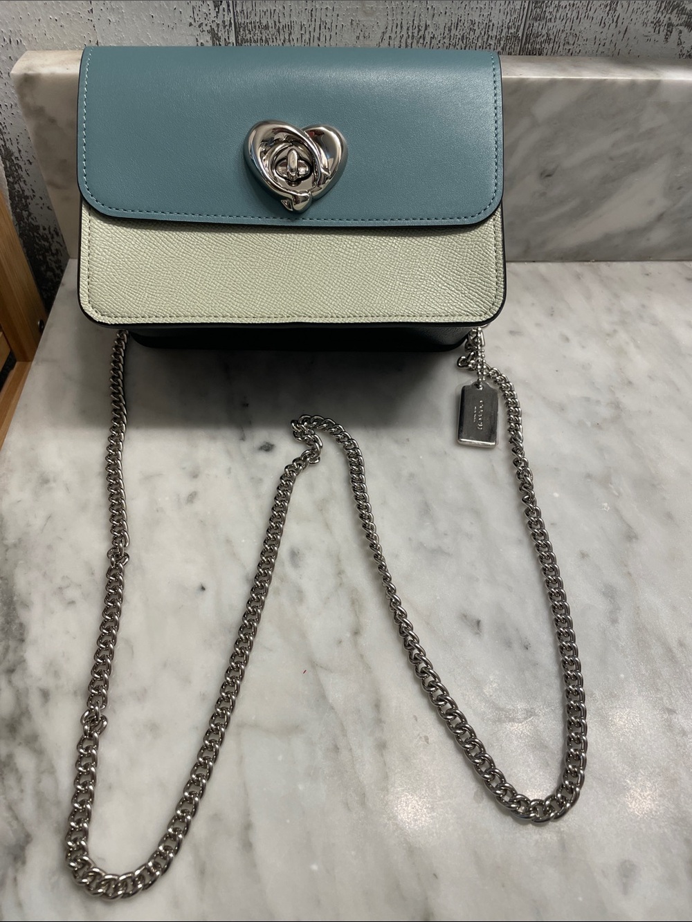 Coach Bowery Two-Tone Light Blue and Cream Crossbody Bag with Silver Heart Lock